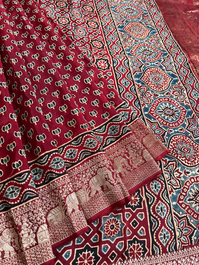 VAANYA:Handblock Ajrakh Dola Silk Saree with Meenakari Pallu