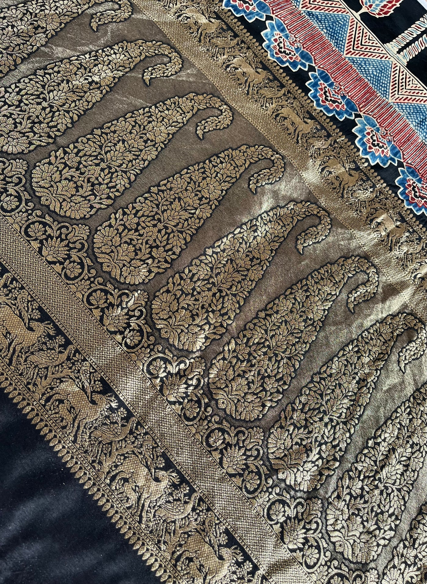 RAMA:Handblock Ajrakh Dola Silk Saree with Meenakari Pallu