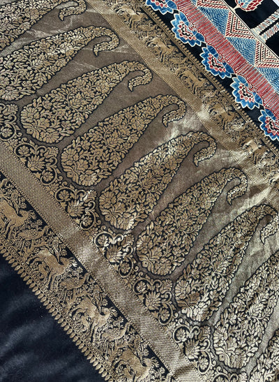 RAMA:Handblock Ajrakh Dola Silk Saree with Meenakari Pallu