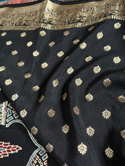 RAMA:Handblock Ajrakh Dola Silk Saree with Meenakari Pallu