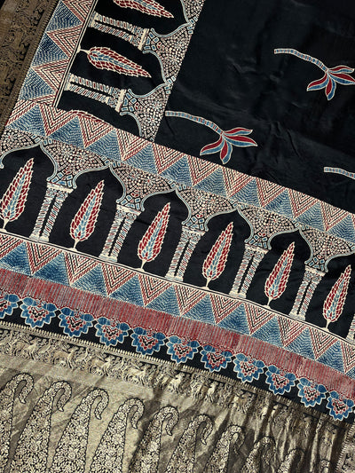 RAMA:Handblock Ajrakh Dola Silk Saree with Meenakari Pallu