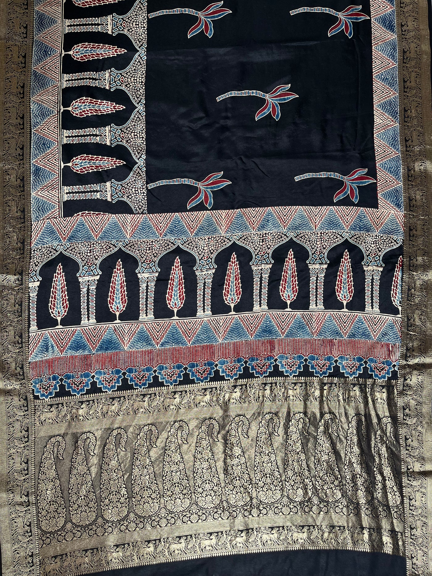 RAMA:Handblock Ajrakh Dola Silk Saree with Meenakari Pallu
