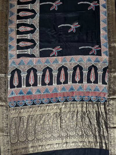 RAMA:Handblock Ajrakh Dola Silk Saree with Meenakari Pallu