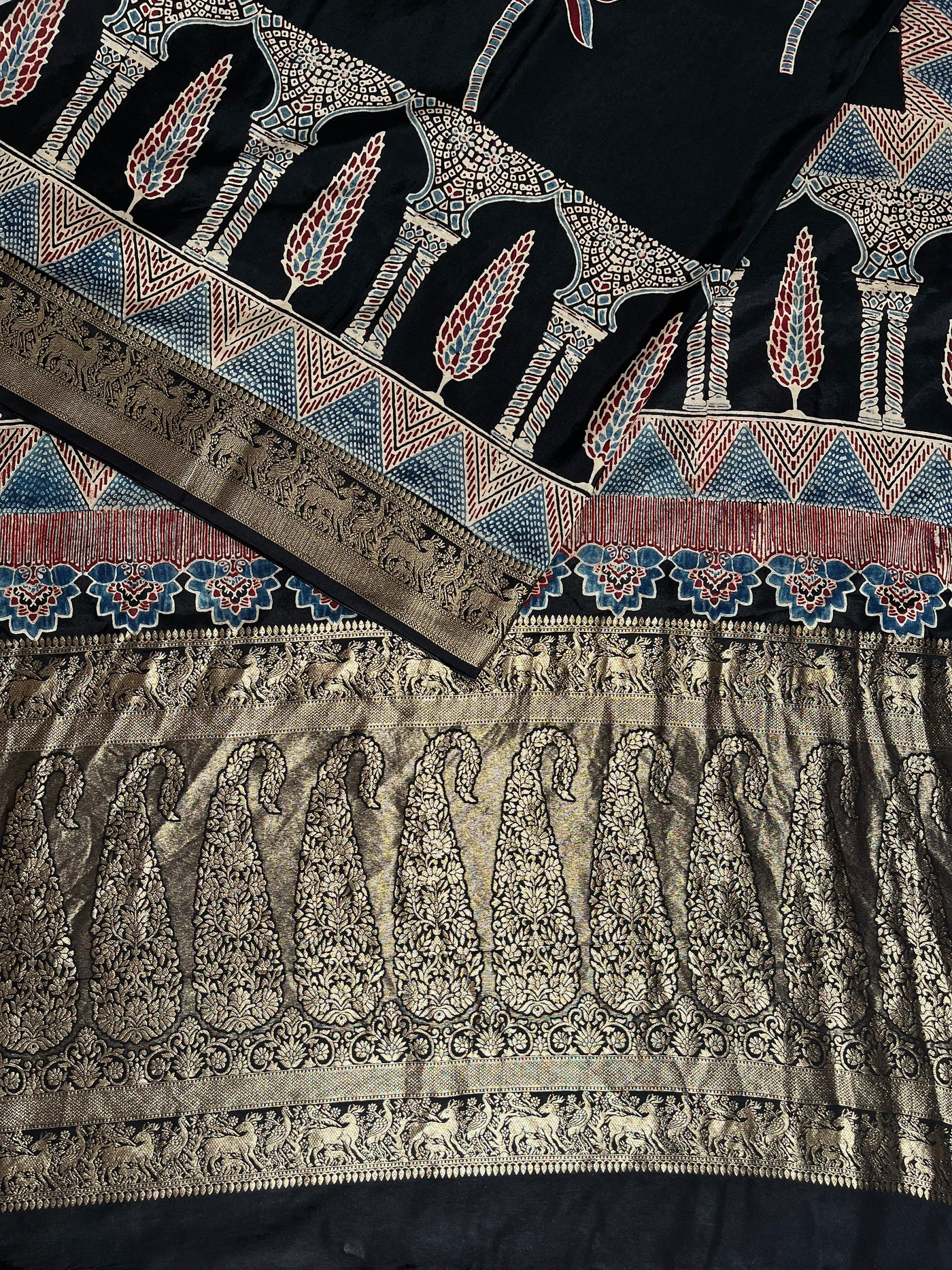 RAMA:Handblock Ajrakh Dola Silk Saree with Meenakari Pallu