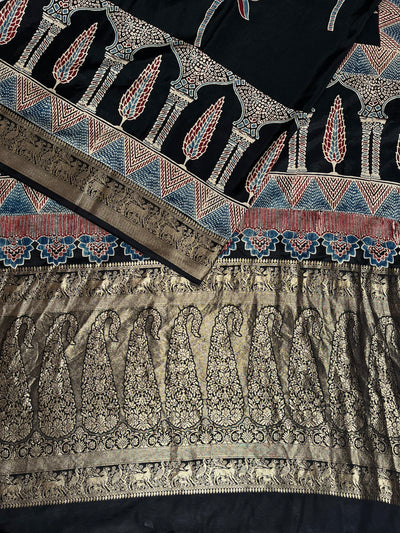 RAMA:Handblock Ajrakh Dola Silk Saree with Meenakari Pallu