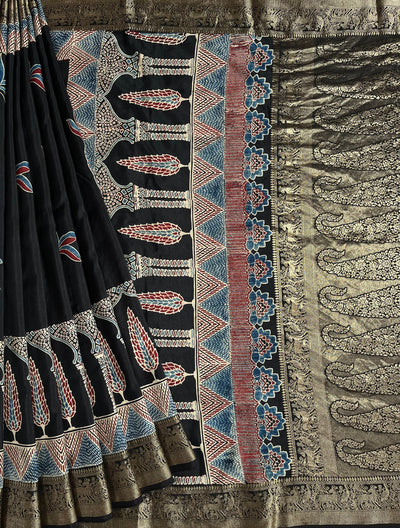 RAMA:Handblock Ajrakh Dola Silk Saree with Meenakari Pallu