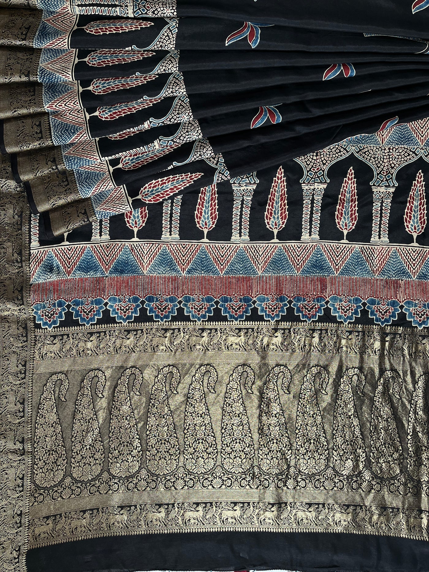 RAMA:Handblock Ajrakh Dola Silk Saree with Meenakari Pallu