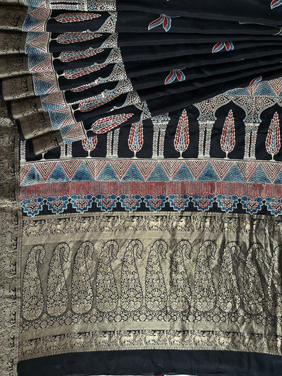 RAMA:Handblock Ajrakh Dola Silk Saree with Meenakari Pallu