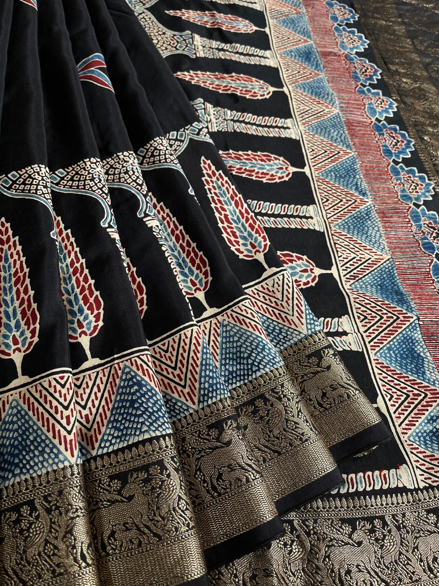 RAMA:Handblock Ajrakh Dola Silk Saree with Meenakari Pallu