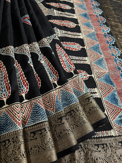 RAMA:Handblock Ajrakh Dola Silk Saree with Meenakari Pallu