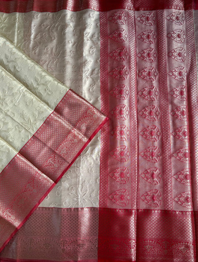NILAY:CREAM, PARTYWEAR BANARASI TANCHUI SAREE WITH ZARI PALLU.