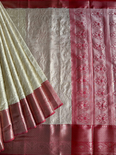 NILAY:CREAM, PARTYWEAR BANARASI TANCHUI SAREE WITH ZARI PALLU.