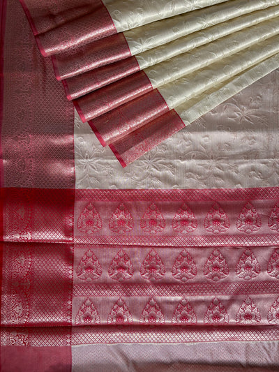 NILAY:CREAM, PARTYWEAR BANARASI TANCHUI SAREE WITH ZARI PALLU.