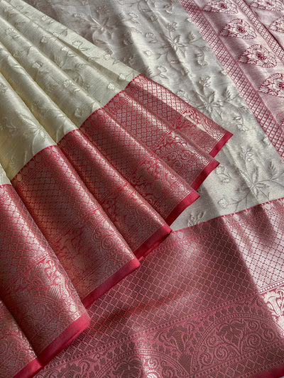 NILAY:CREAM, PARTYWEAR BANARASI TANCHUI SAREE WITH ZARI PALLU.
