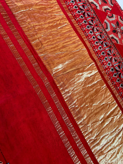 APSARA: Handblock Modal Silk Tissue Ajrakh Saree