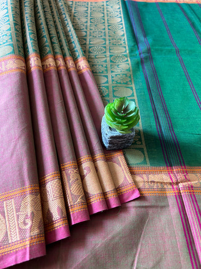 HARIYALI:GREEN, PURE KANCHIPURAM COTTON SAREE WITH JACQUARD WEAVING.