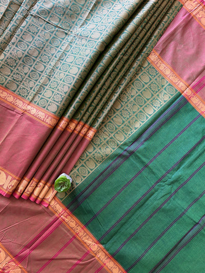 HARIYALI:GREEN, PURE KANCHIPURAM COTTON SAREE WITH JACQUARD WEAVING.
