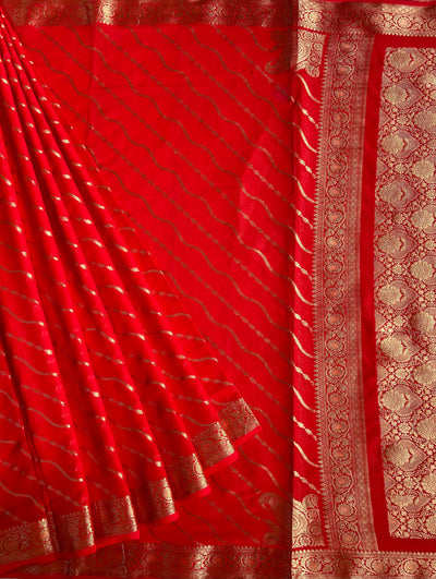 LEHERIYA: RED, WEDDING WEAR BANARASI LEHRIYA SILK SAREE