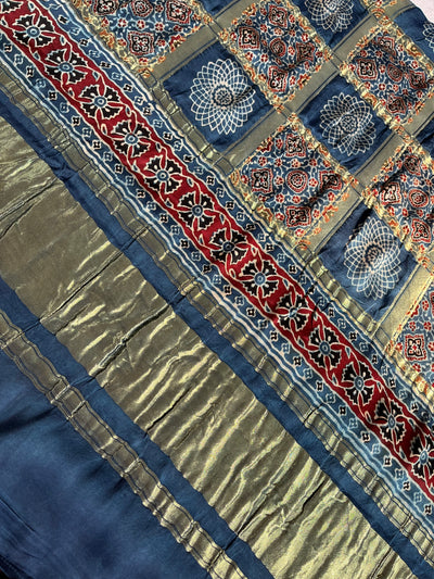 Shiney Star:HANDMADE BANDHANI AJRAKH MODAL SILK SAREE WITH GHARCHOLA PALLU