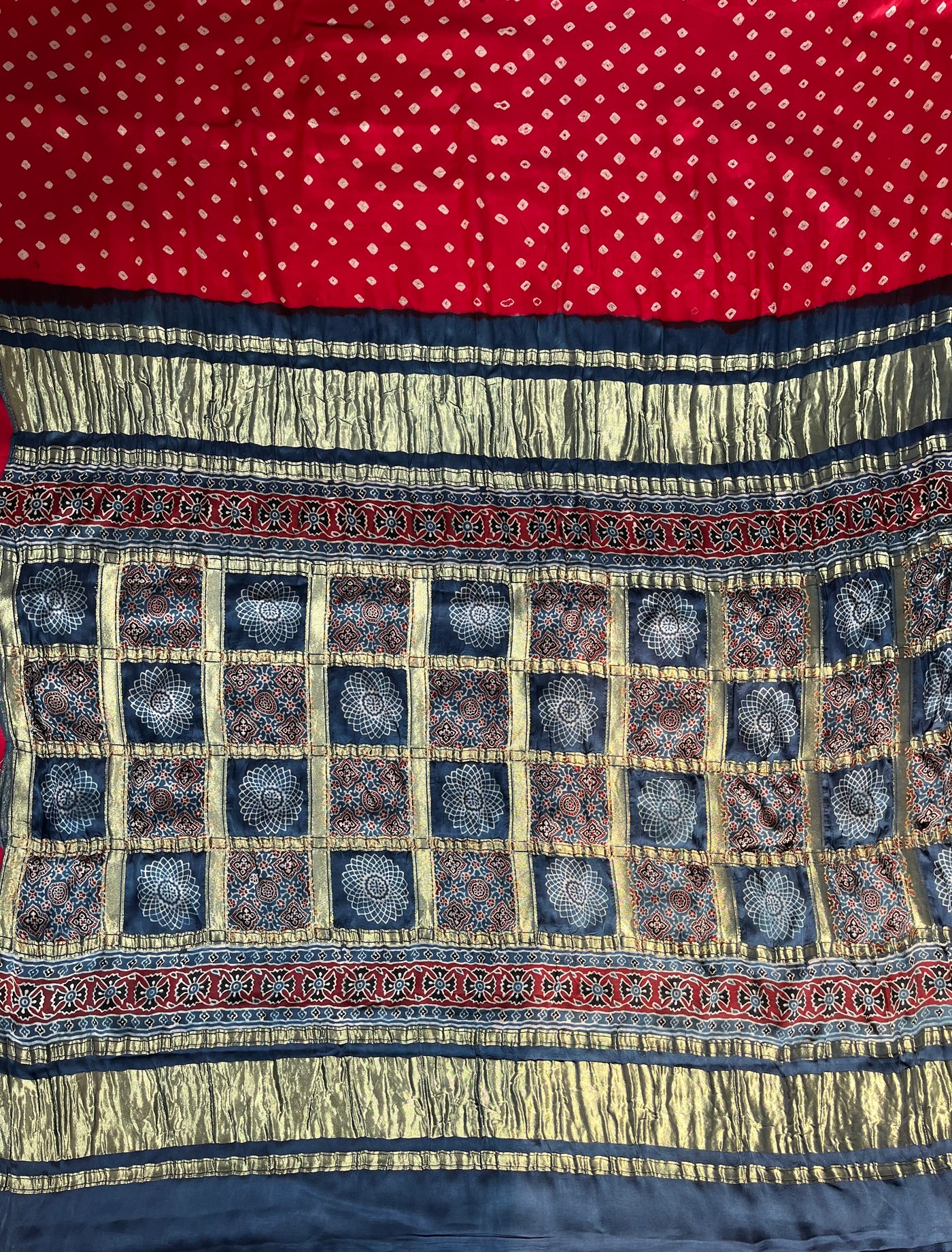 Shiney Star:HANDMADE BANDHANI AJRAKH MODAL SILK SAREE WITH GHARCHOLA PALLU