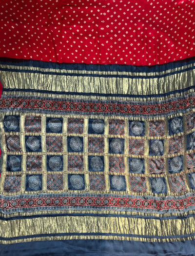 Shiney Star:HANDMADE BANDHANI AJRAKH MODAL SILK SAREE WITH GHARCHOLA PALLU