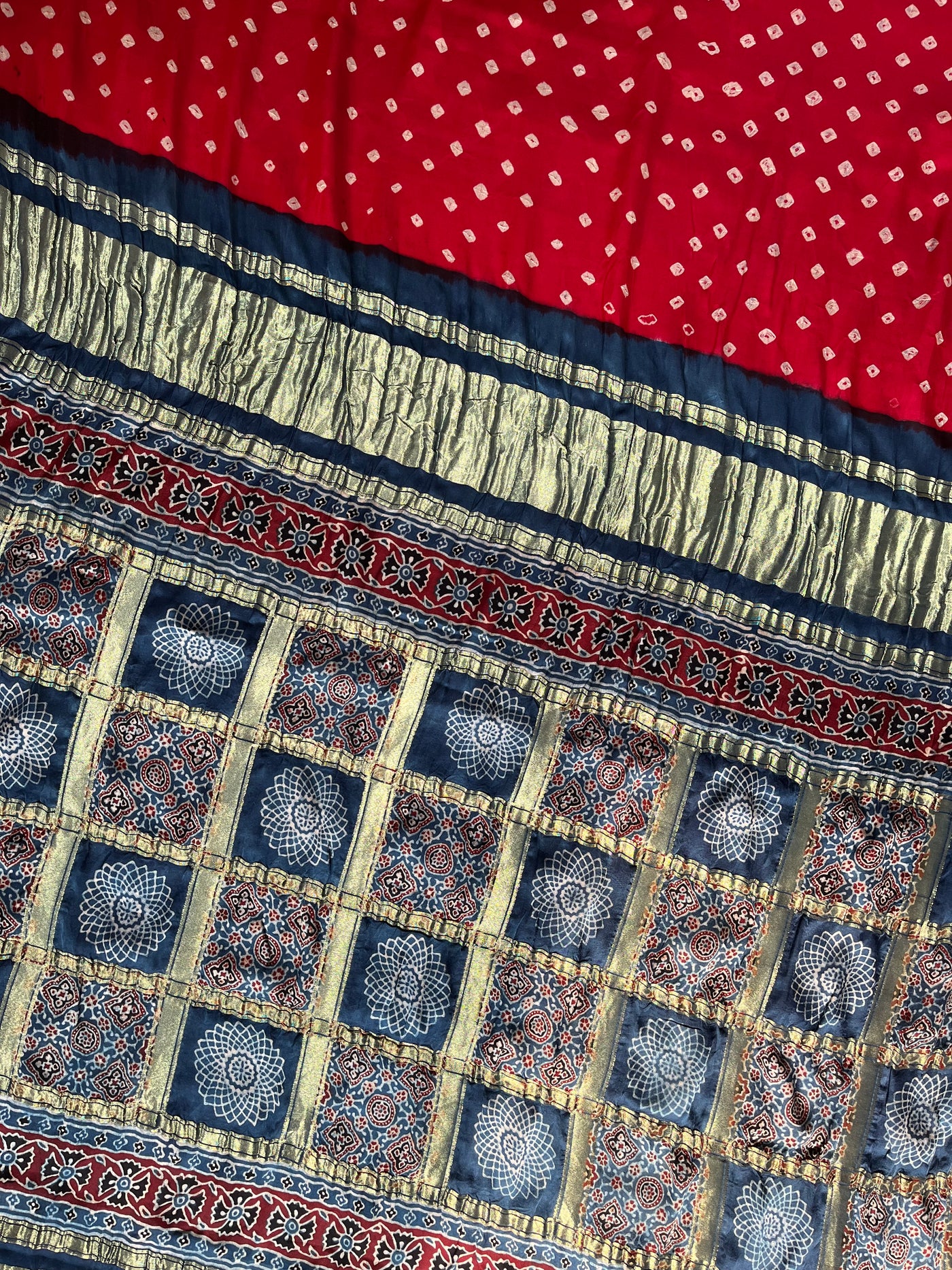 Shiney Star:HANDMADE BANDHANI AJRAKH MODAL SILK SAREE WITH GHARCHOLA PALLU
