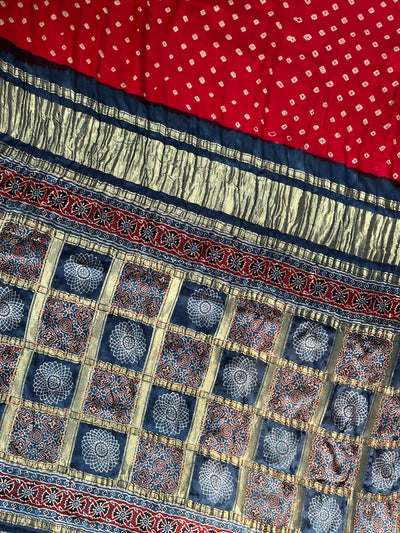 Shiney Star:HANDMADE BANDHANI AJRAKH MODAL SILK SAREE WITH GHARCHOLA PALLU