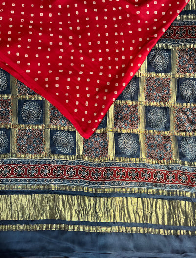 Shiney Star:HANDMADE BANDHANI AJRAKH MODAL SILK SAREE WITH GHARCHOLA PALLU