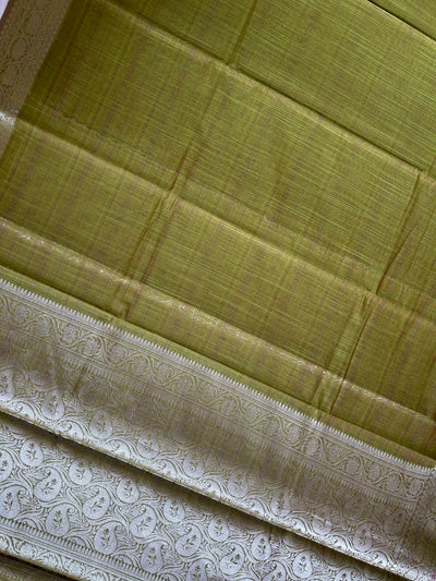 VASUNDHARA :MEHNDI GREEN, PARTYWEAR BANARASI SILK- LINEN SLUB SAREE. (Copy)