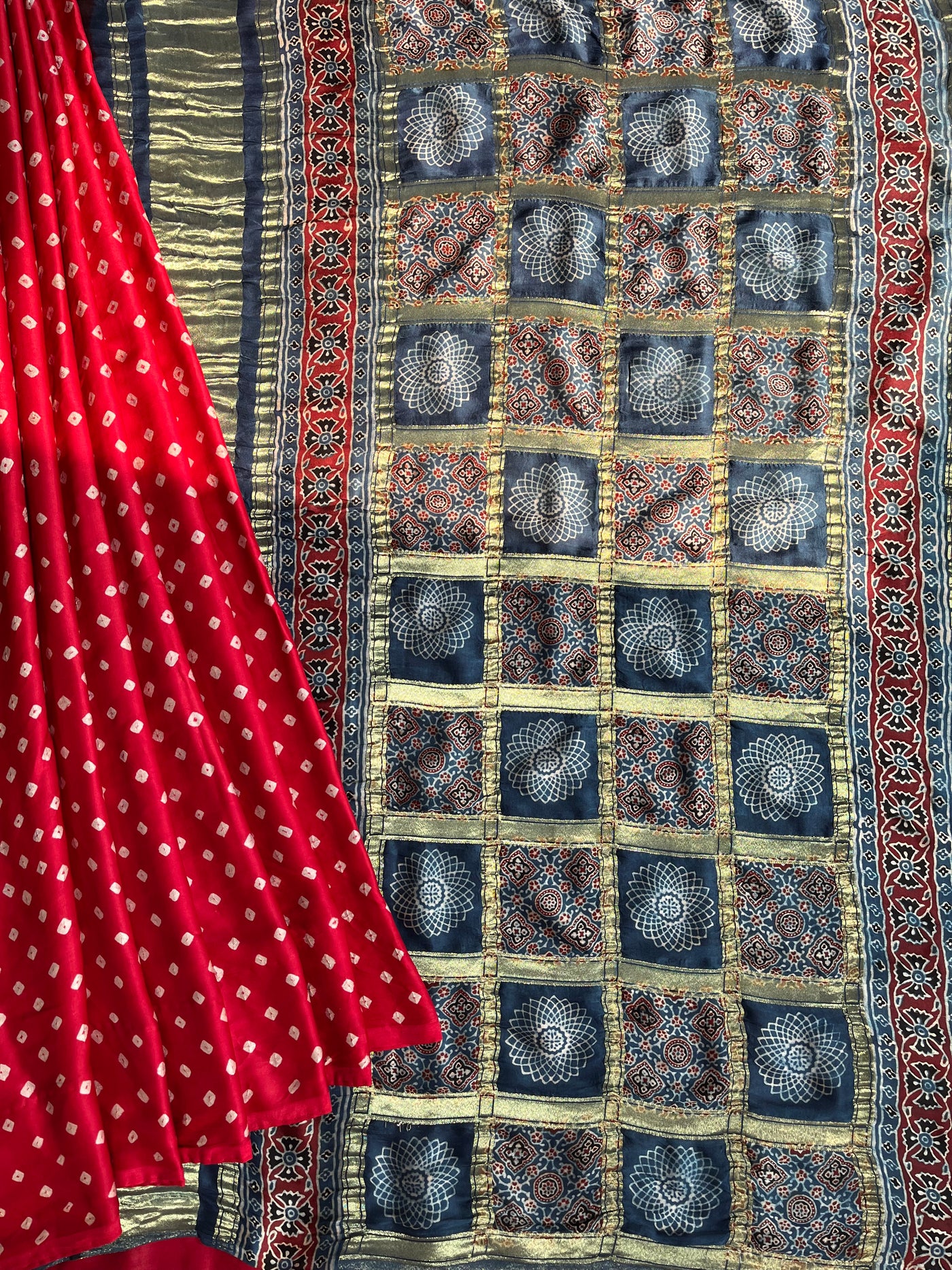 Shiney Star:HANDMADE BANDHANI AJRAKH MODAL SILK SAREE WITH GHARCHOLA PALLU