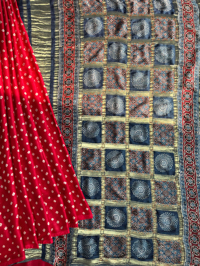 Shiney Star:HANDMADE BANDHANI AJRAKH MODAL SILK SAREE WITH GHARCHOLA PALLU
