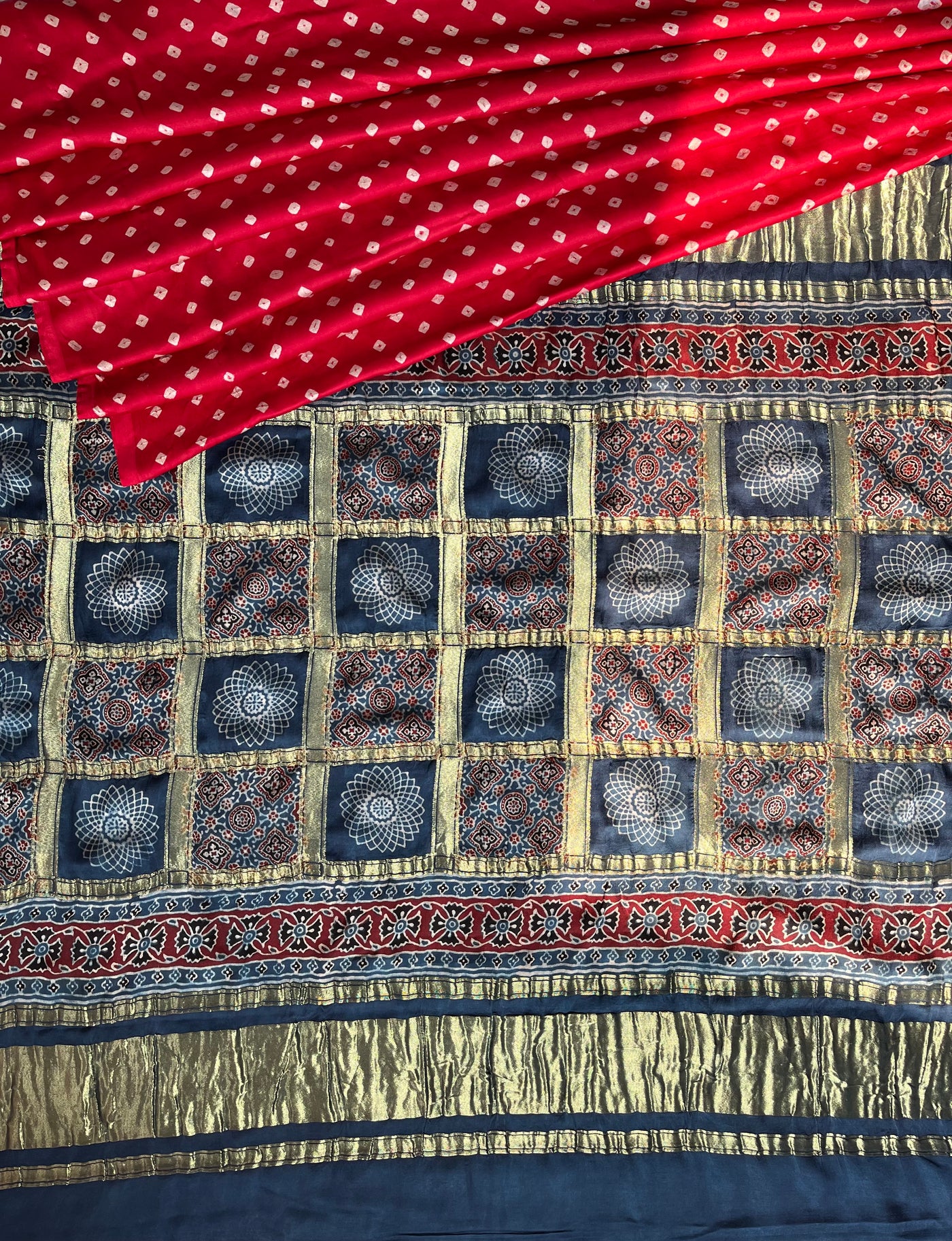 Shiney Star:HANDMADE BANDHANI AJRAKH MODAL SILK SAREE WITH GHARCHOLA PALLU