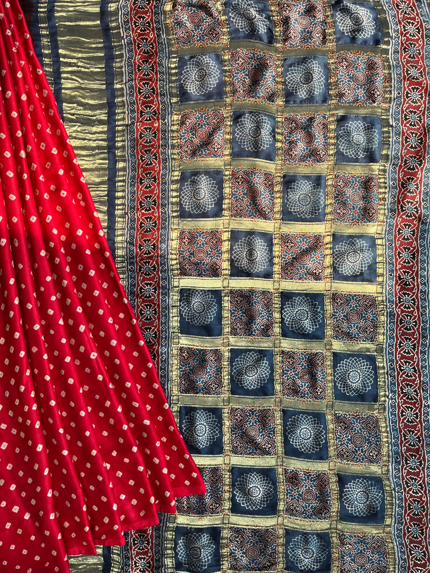 Shiney Star:HANDMADE BANDHANI AJRAKH MODAL SILK SAREE WITH GHARCHOLA PALLU