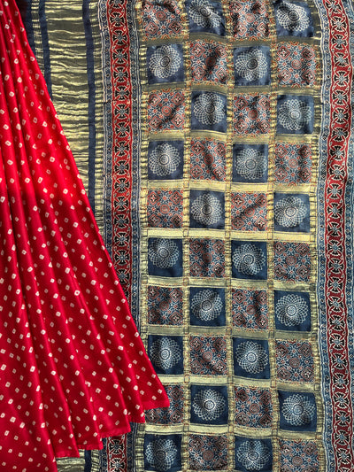 Shiney Star:HANDMADE BANDHANI AJRAKH MODAL SILK SAREE WITH GHARCHOLA PALLU