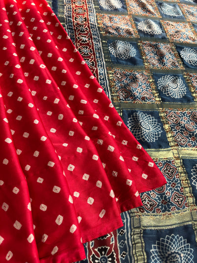 Shiney Star:HANDMADE BANDHANI AJRAKH MODAL SILK SAREE WITH GHARCHOLA PALLU