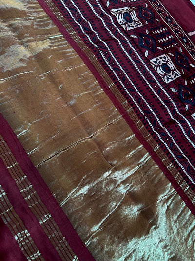 GANGA: Handblock Modal Silk Tissue Ajrakh Saree