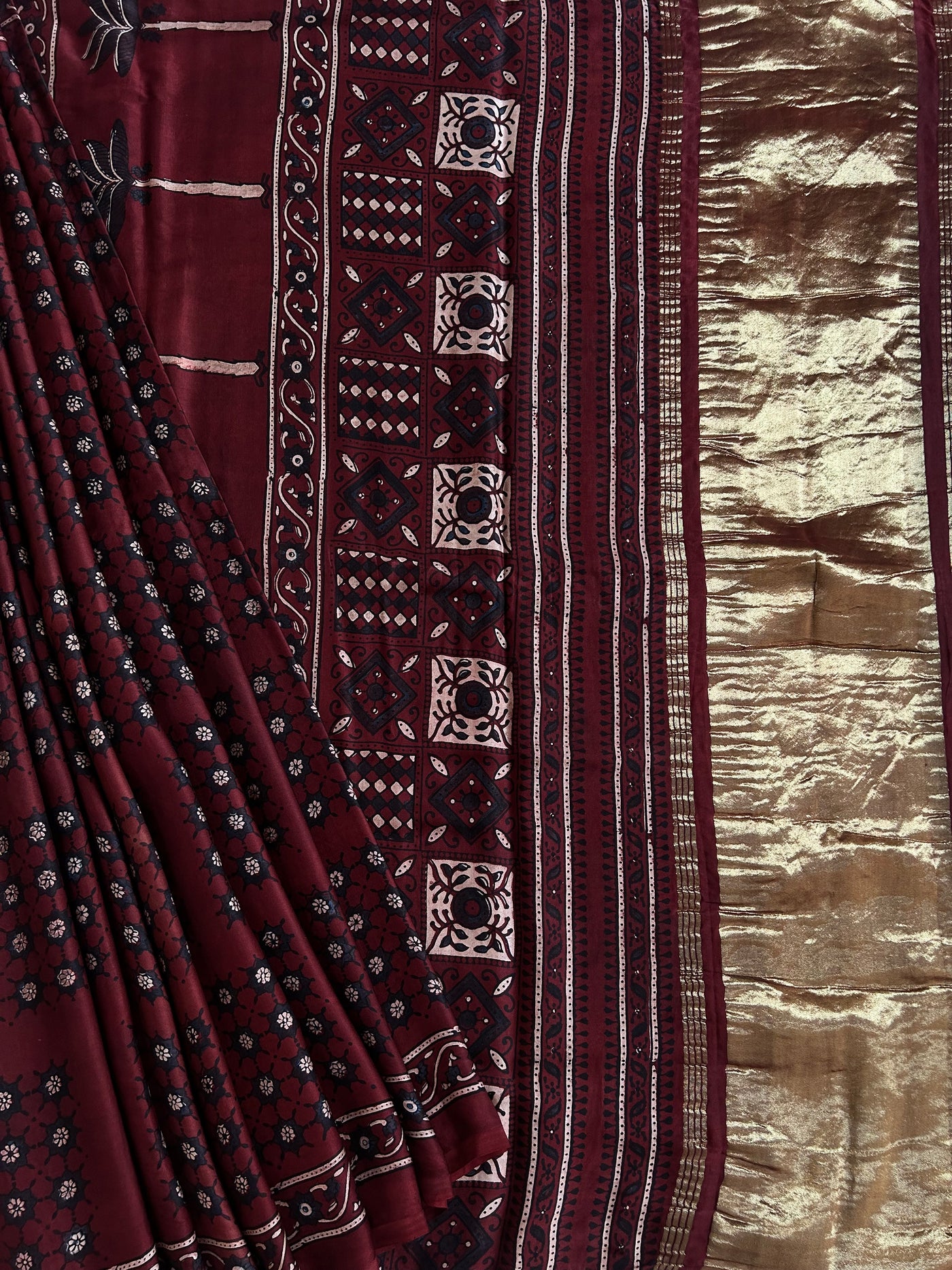 GANGA: Handblock Modal Silk Tissue Ajrakh Saree