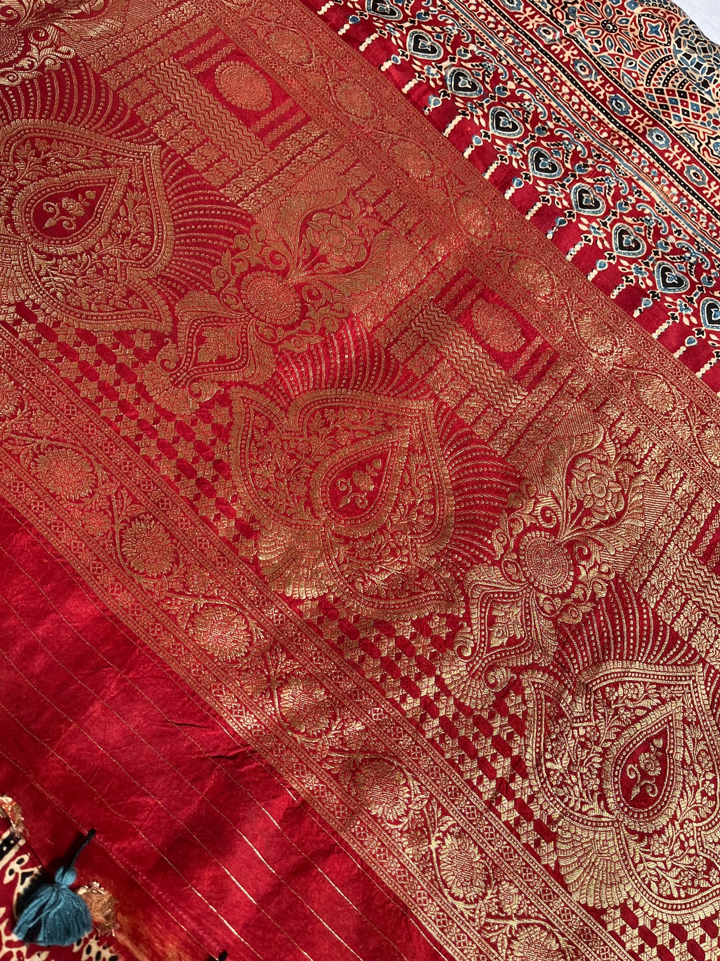 SMIRITI:Handblock Ajrakh Dola Silk Saree with Meenakari Pallu