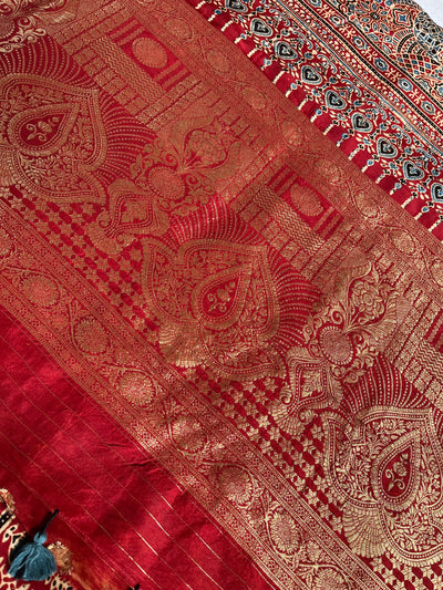 SMIRITI:Handblock Ajrakh Dola Silk Saree with Meenakari Pallu