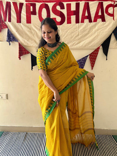 SAURABHI: HALDI,KANCHIPURAM PURE COTTON SAREE WITH BORDERS.