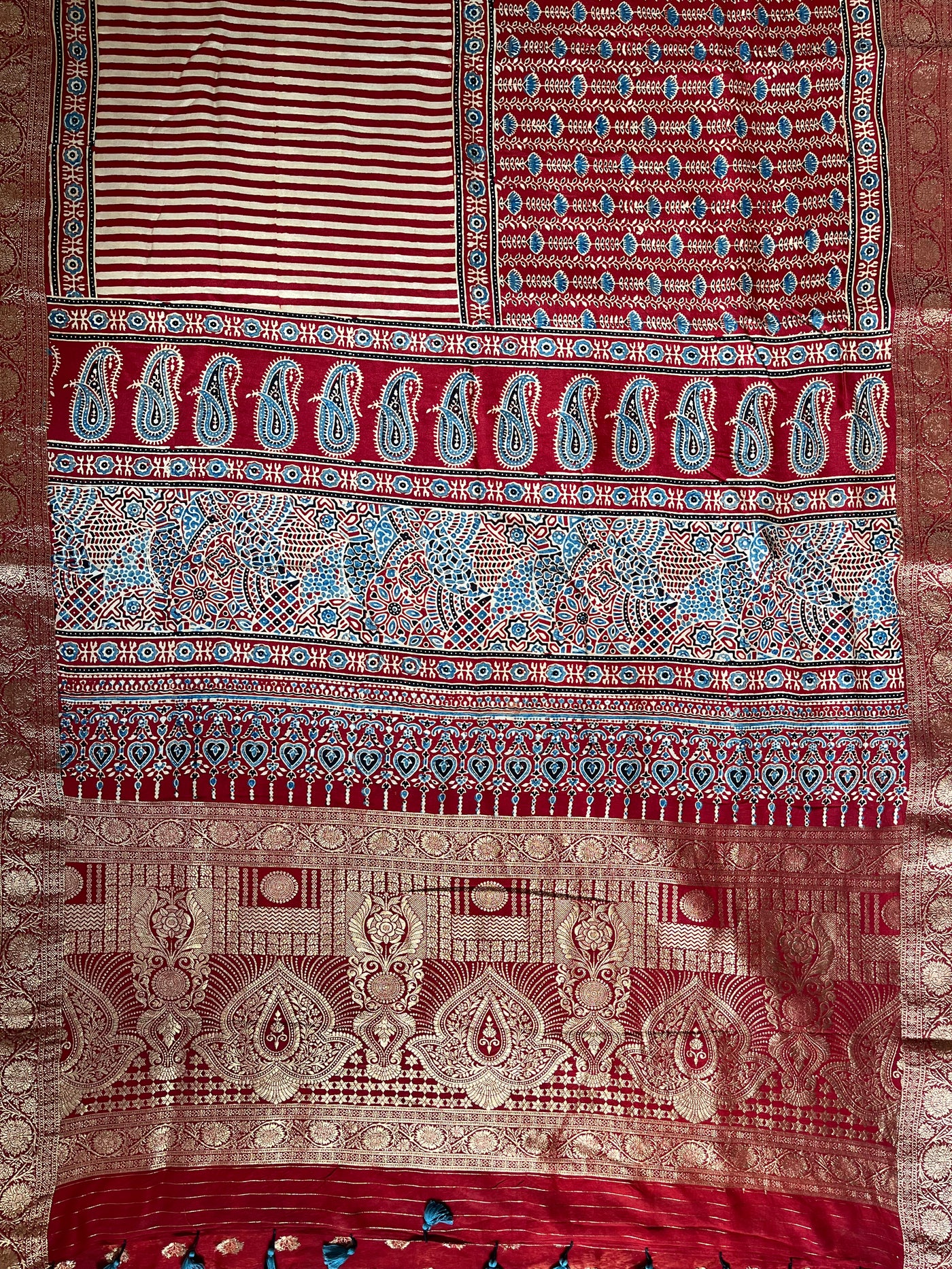 SMIRITI:Handblock Ajrakh Dola Silk Saree with Meenakari Pallu