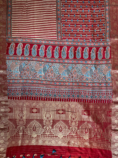 SMIRITI:Handblock Ajrakh Dola Silk Saree with Meenakari Pallu
