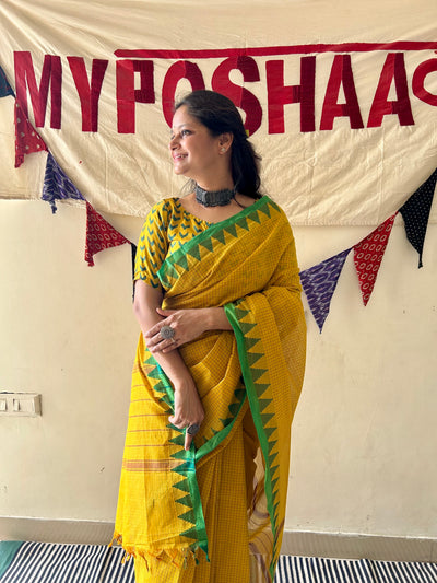 SAURABHI: HALDI,KANCHIPURAM PURE COTTON SAREE WITH BORDERS.