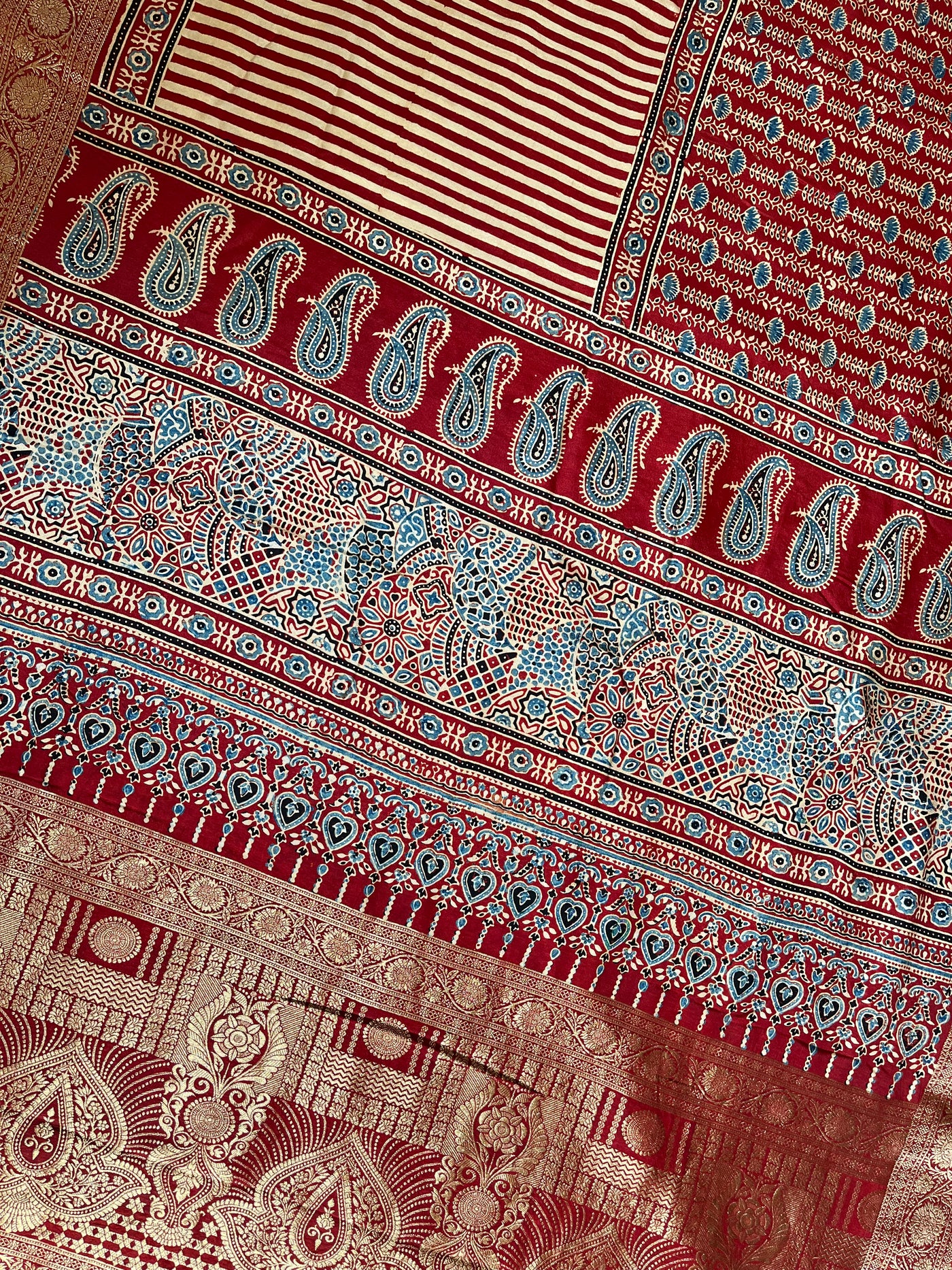 SMIRITI:Handblock Ajrakh Dola Silk Saree with Meenakari Pallu