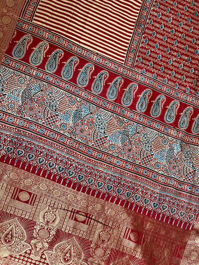 SMIRITI:Handblock Ajrakh Dola Silk Saree with Meenakari Pallu