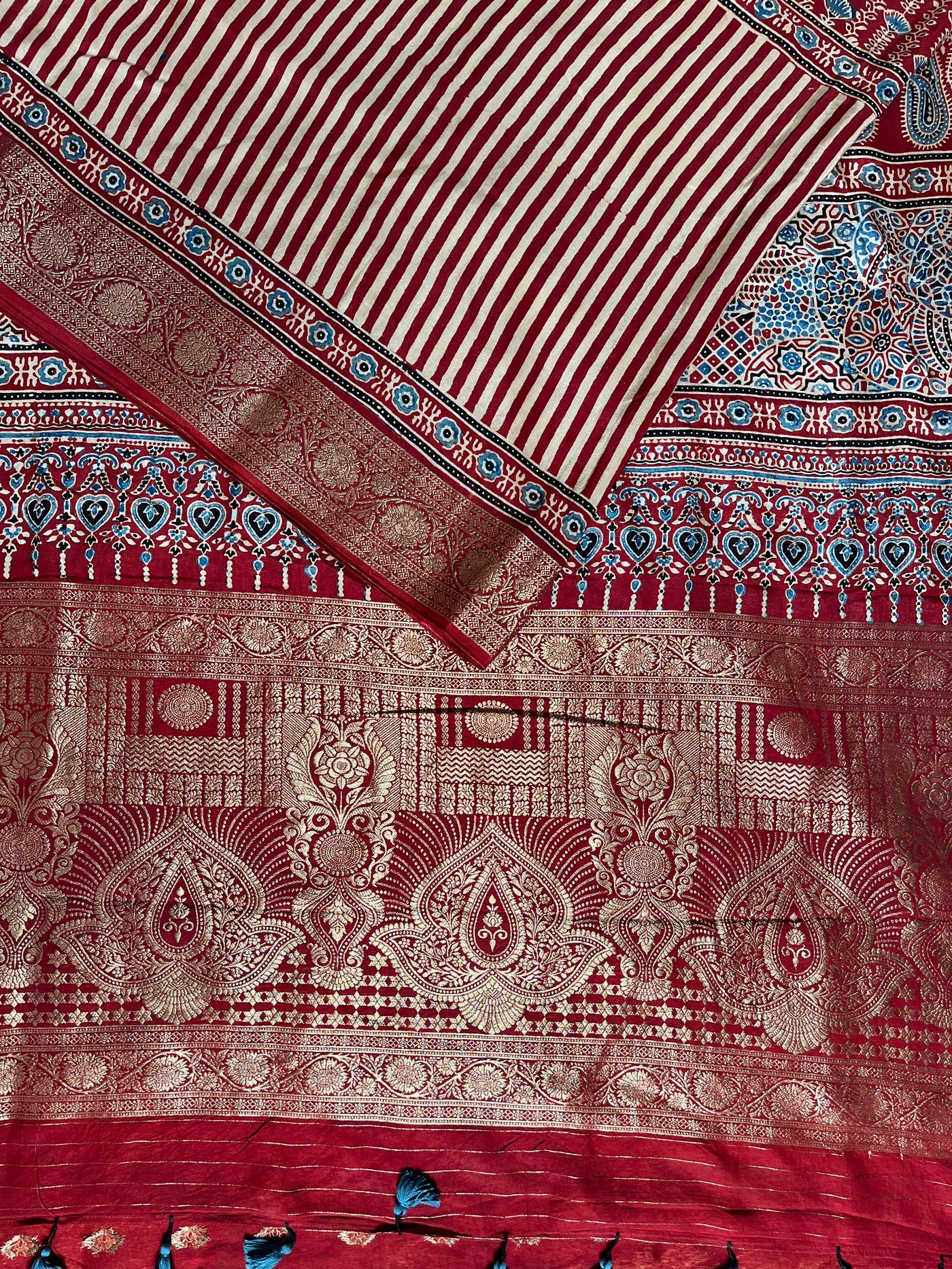 SMIRITI:Handblock Ajrakh Dola Silk Saree with Meenakari Pallu
