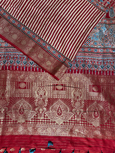 SMIRITI:Handblock Ajrakh Dola Silk Saree with Meenakari Pallu