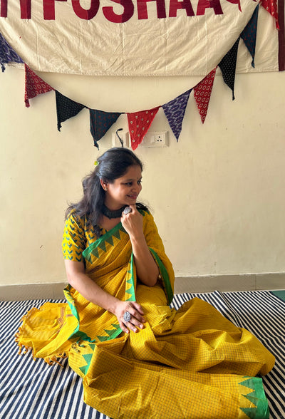 SAURABHI: HALDI,KANCHIPURAM PURE COTTON SAREE WITH BORDERS.