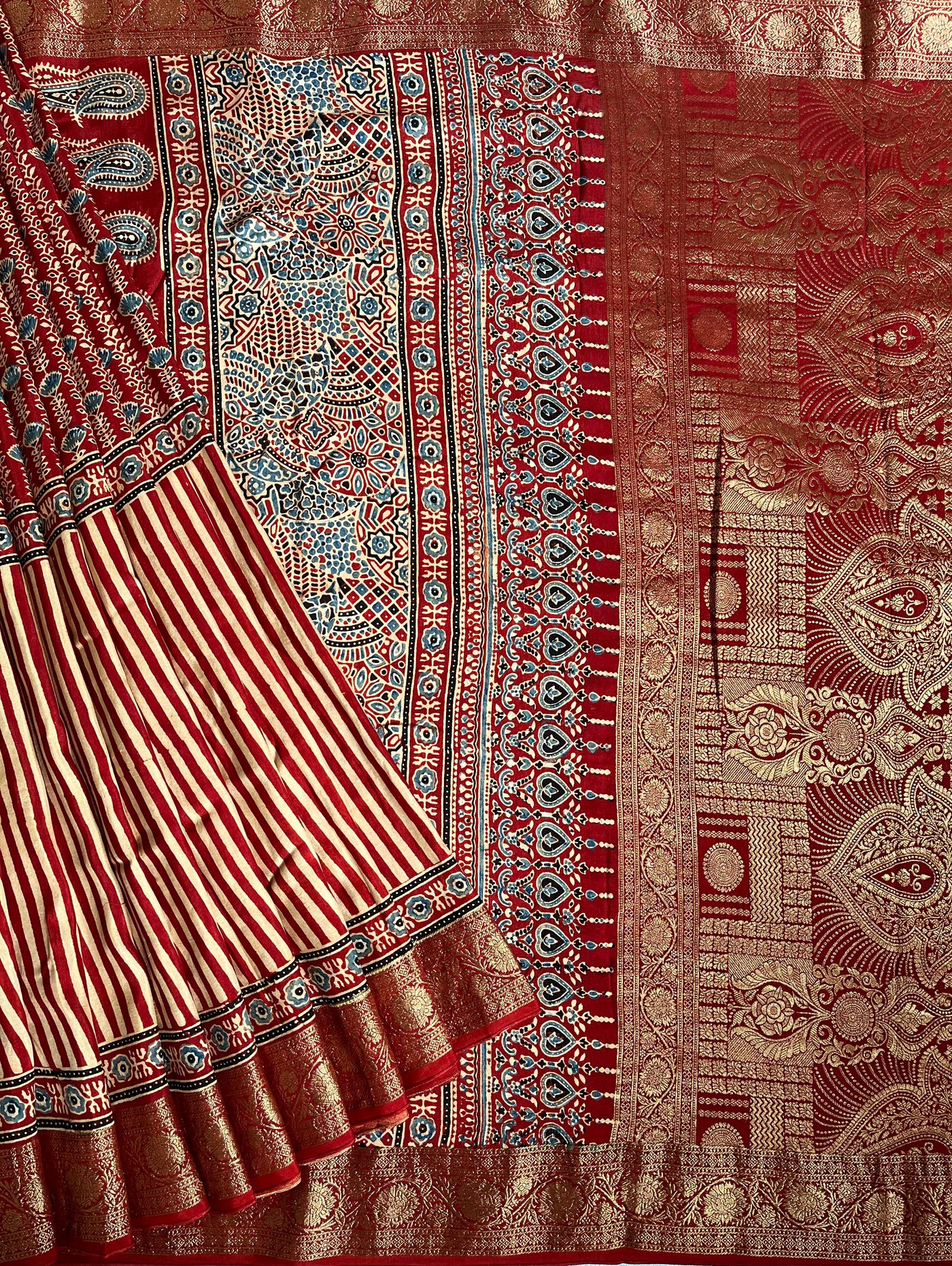 SMIRITI:Handblock Ajrakh Dola Silk Saree with Meenakari Pallu