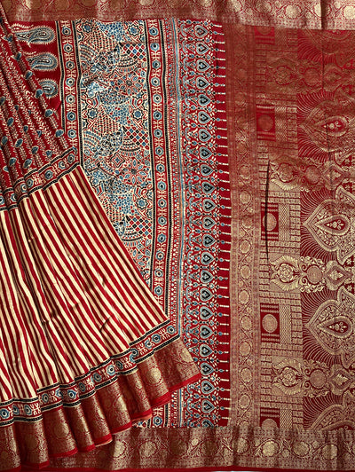 SMIRITI:Handblock Ajrakh Dola Silk Saree with Meenakari Pallu